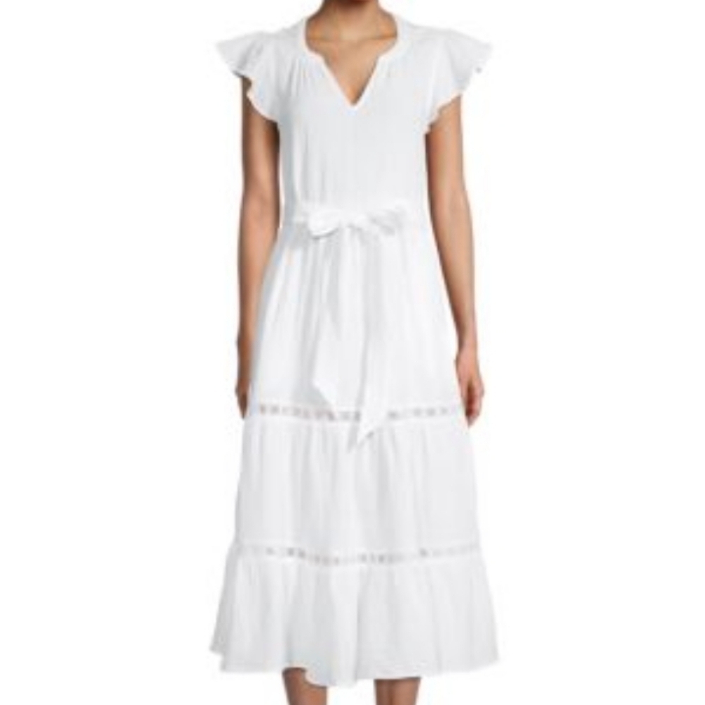 Catherine Malandrino Organic White Cotton Ruffle Flutter Sleeve Bohemian Dress M